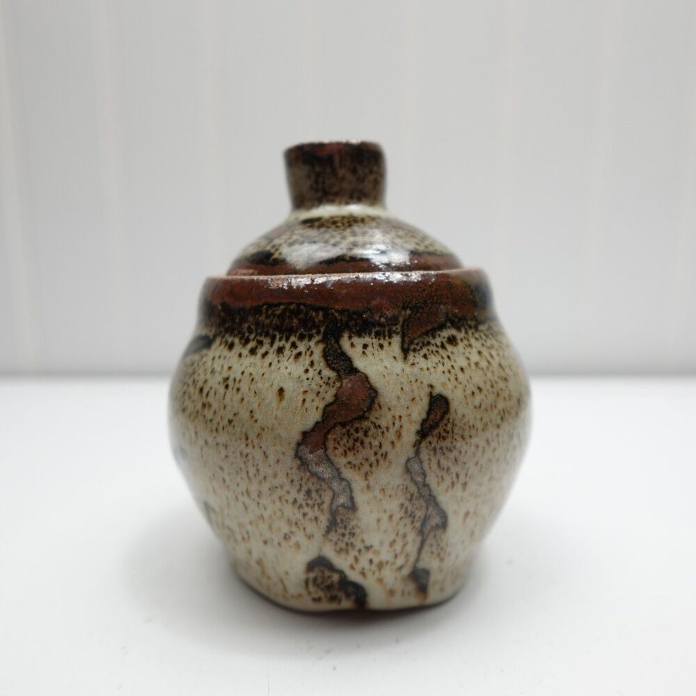 Vintage Studio Pottery Lidded Jar Signed CLAR Earthy Drip Glaze Stoneware Box